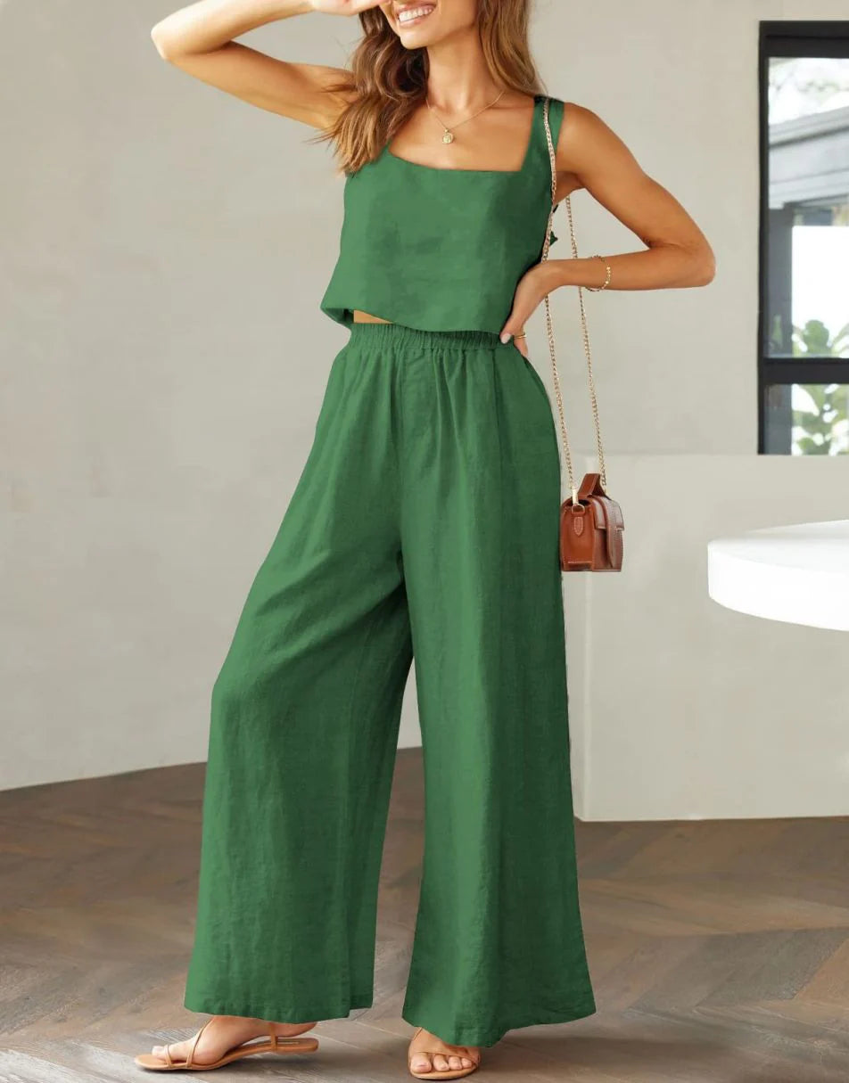 2 Piece Outfits Square Neck Sleeveless Tank Crop Top & Wide Leg Pants Lounge Set
