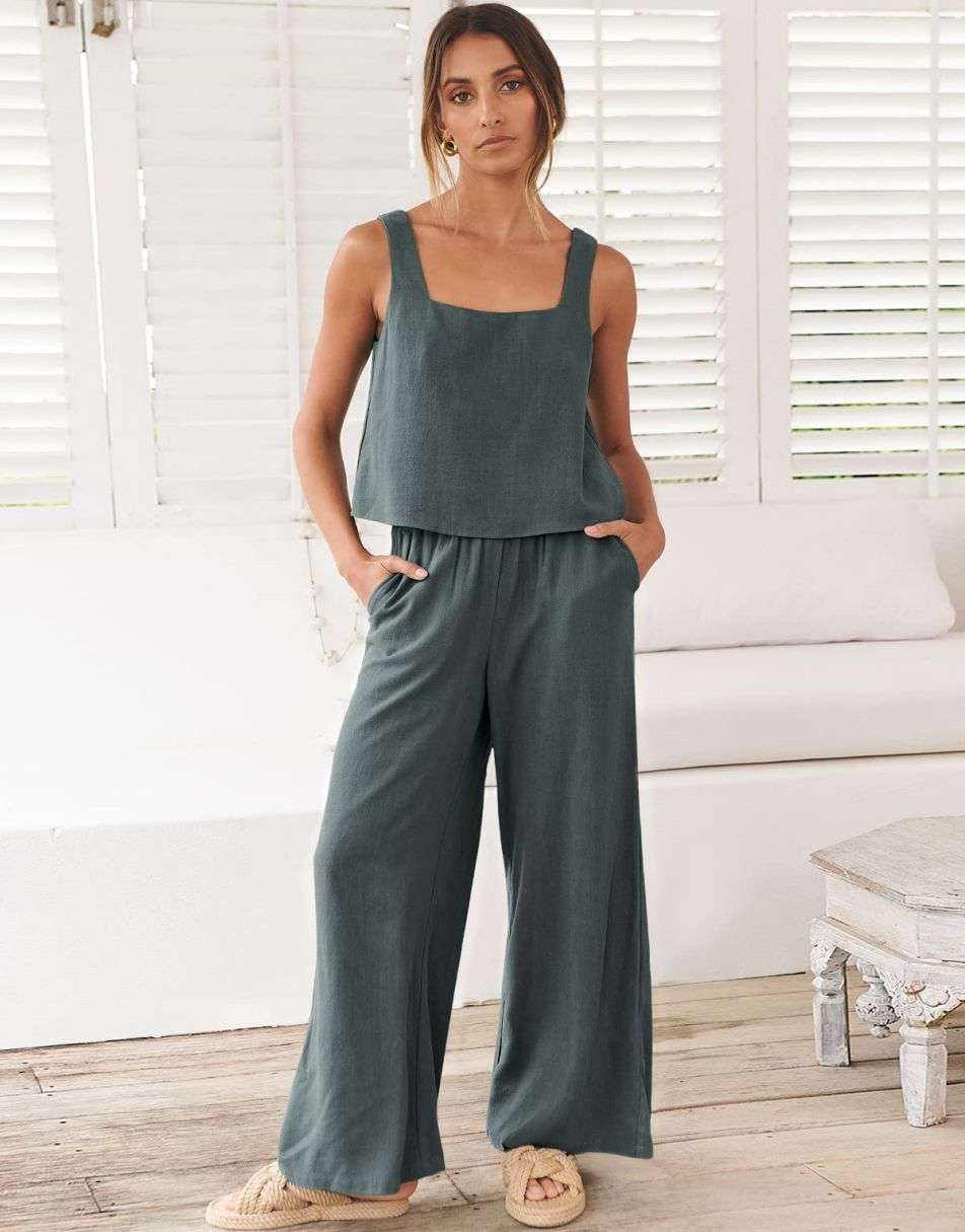 2 Piece Outfits Square Neck Sleeveless Tank Crop Top & Wide Leg Pants Lounge Set