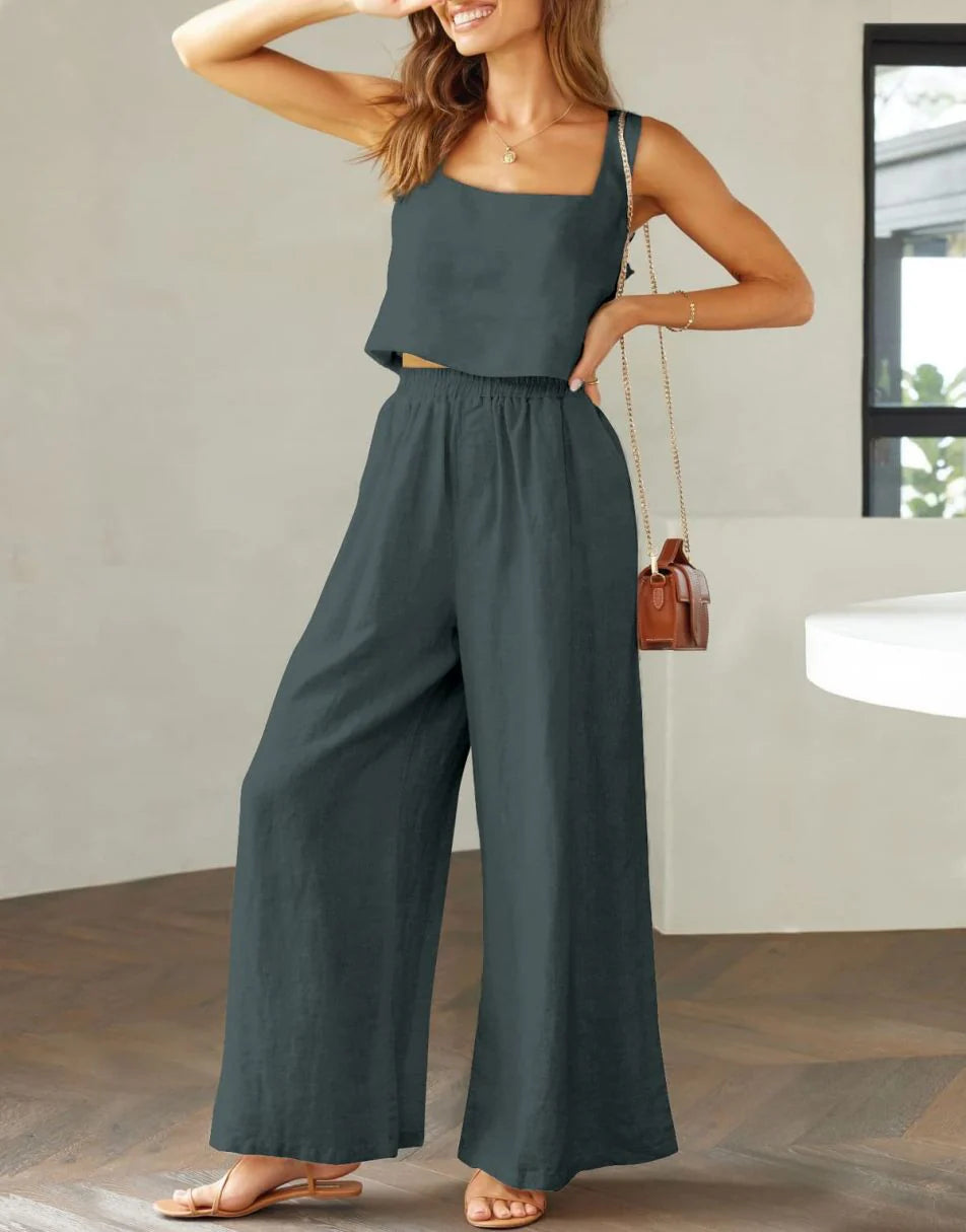 2 Piece Outfits Square Neck Sleeveless Tank Crop Top & Wide Leg Pants Lounge Set