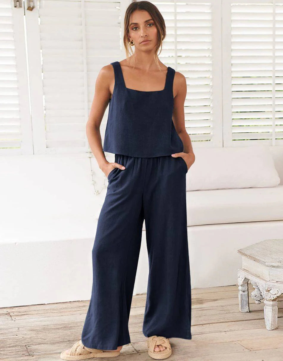 2 Piece Outfits Square Neck Sleeveless Tank Crop Top & Wide Leg Pants Lounge Set