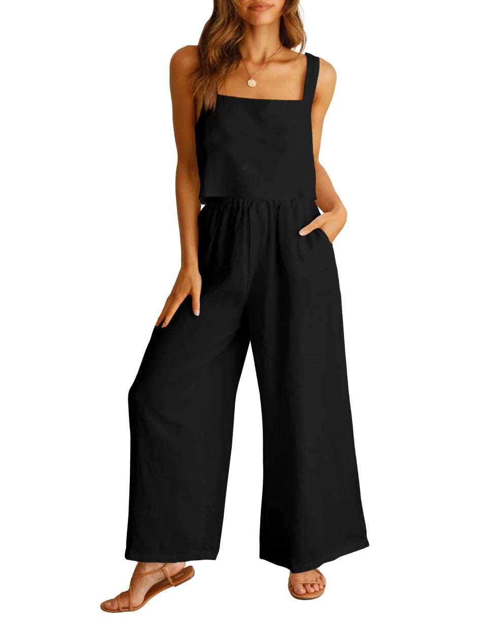 2 Piece Outfits Square Neck Sleeveless Tank Crop Top & Wide Leg Pants Lounge Set