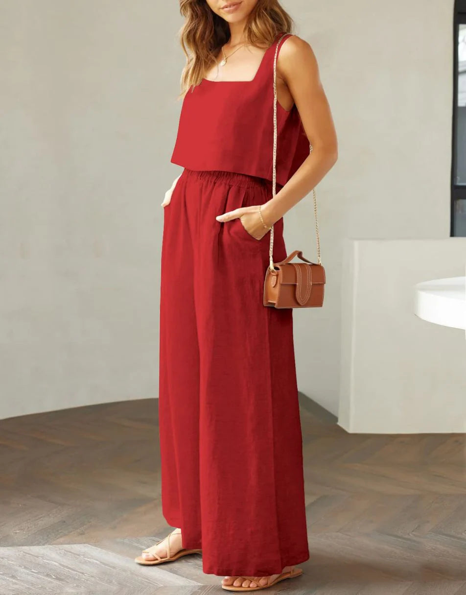 2 Piece Outfits Square Neck Sleeveless Tank Crop Top & Wide Leg Pants Lounge Set