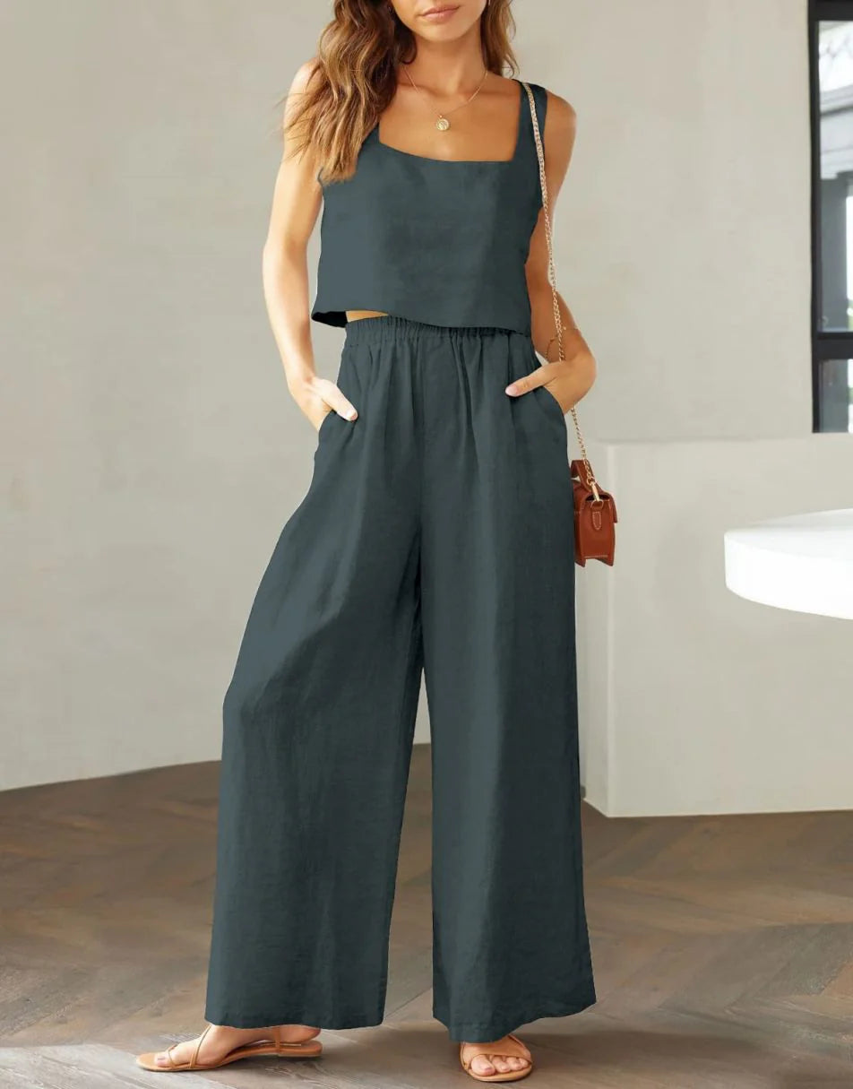 2 Piece Outfits Square Neck Sleeveless Tank Crop Top & Wide Leg Pants Lounge Set