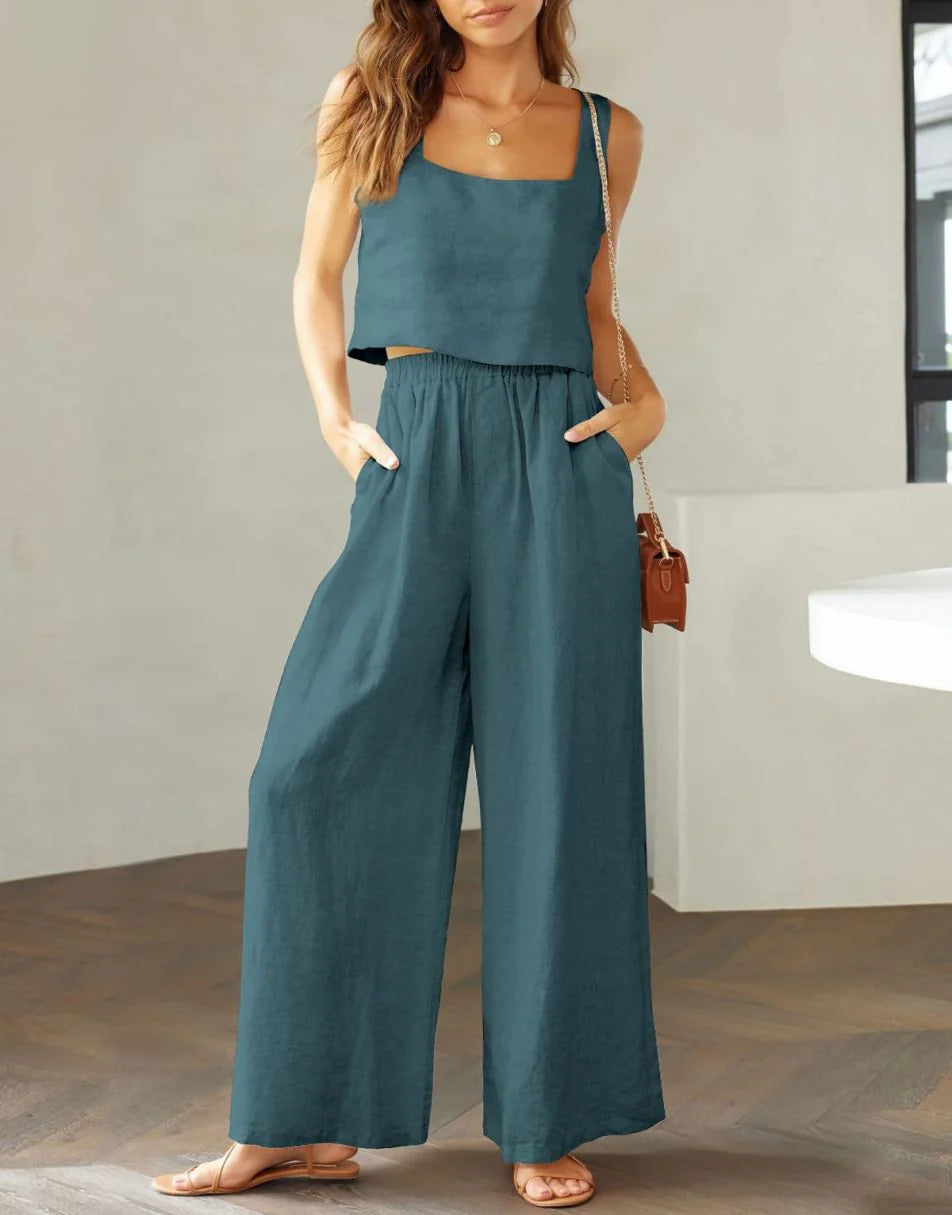 2 Piece Outfits Square Neck Sleeveless Tank Crop Top & Wide Leg Pants Lounge Set