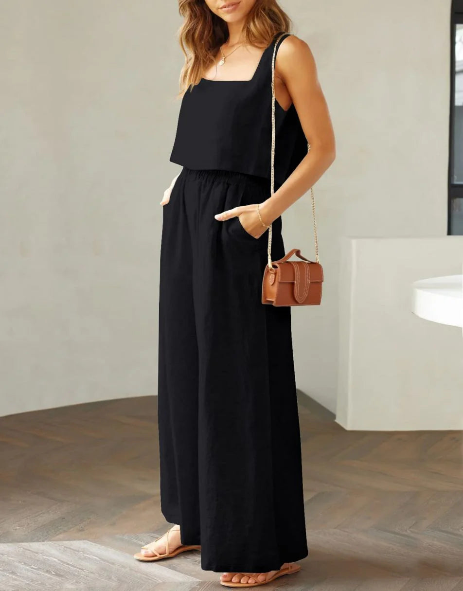 2 Piece Outfits Square Neck Sleeveless Tank Crop Top & Wide Leg Pants Lounge Set