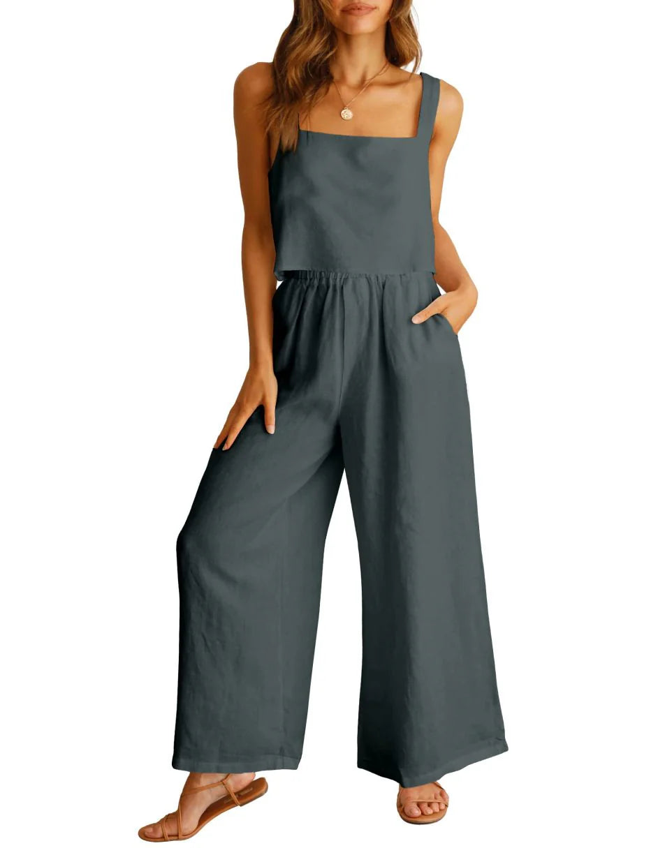 2 Piece Outfits Square Neck Sleeveless Tank Crop Top & Wide Leg Pants Lounge Set