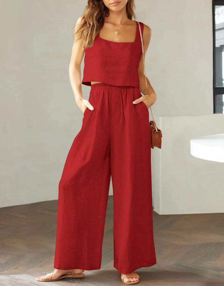 2 Piece Outfits Square Neck Sleeveless Tank Crop Top & Wide Leg Pants Lounge Set