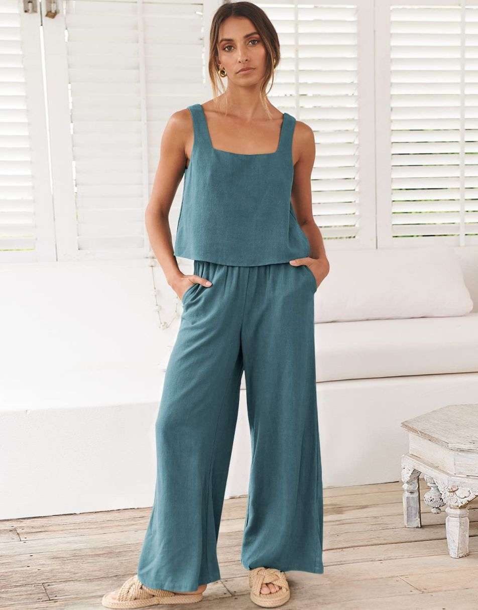 2 Piece Outfits Square Neck Sleeveless Tank Crop Top & Wide Leg Pants Lounge Set