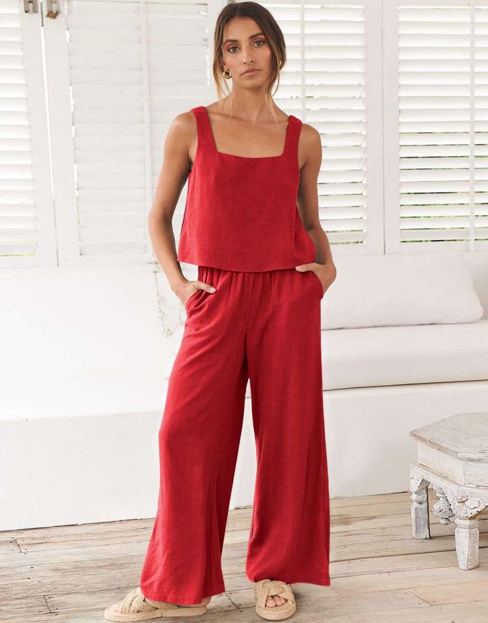 2 Piece Outfits Square Neck Sleeveless Tank Crop Top & Wide Leg Pants Lounge Set