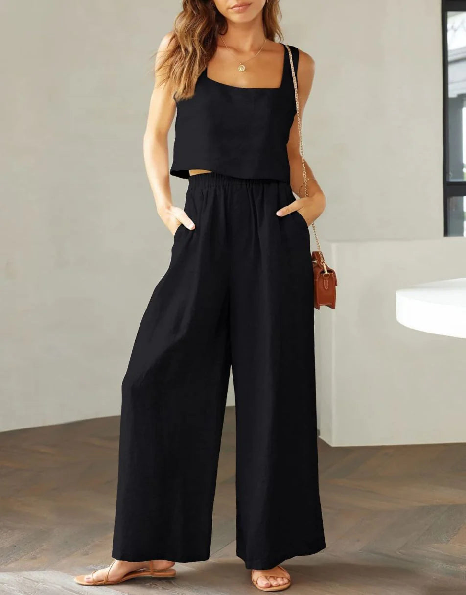 2 Piece Outfits Square Neck Sleeveless Tank Crop Top & Wide Leg Pants Lounge Set
